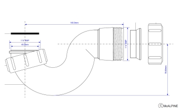 Preview: Technische Zeichnung Bidet-Siphon 6/4 Zoll mit Maßangaben: 140 mm Ausladung, 75 mm Abstand Mitte Abgang bis Unterkante und 40 mm Rohranschluss